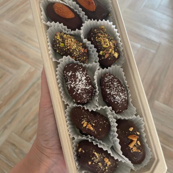 9 Dark Chocolate Dipped Dates filled with Assorted Nut Butter 